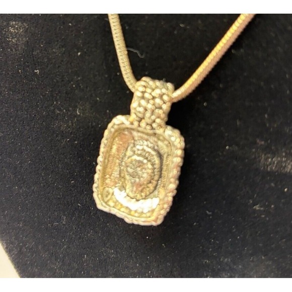 Pendant Necklace Silver Tone Blue  Thick Chain Pebbled Metal - Picture 6 of 9